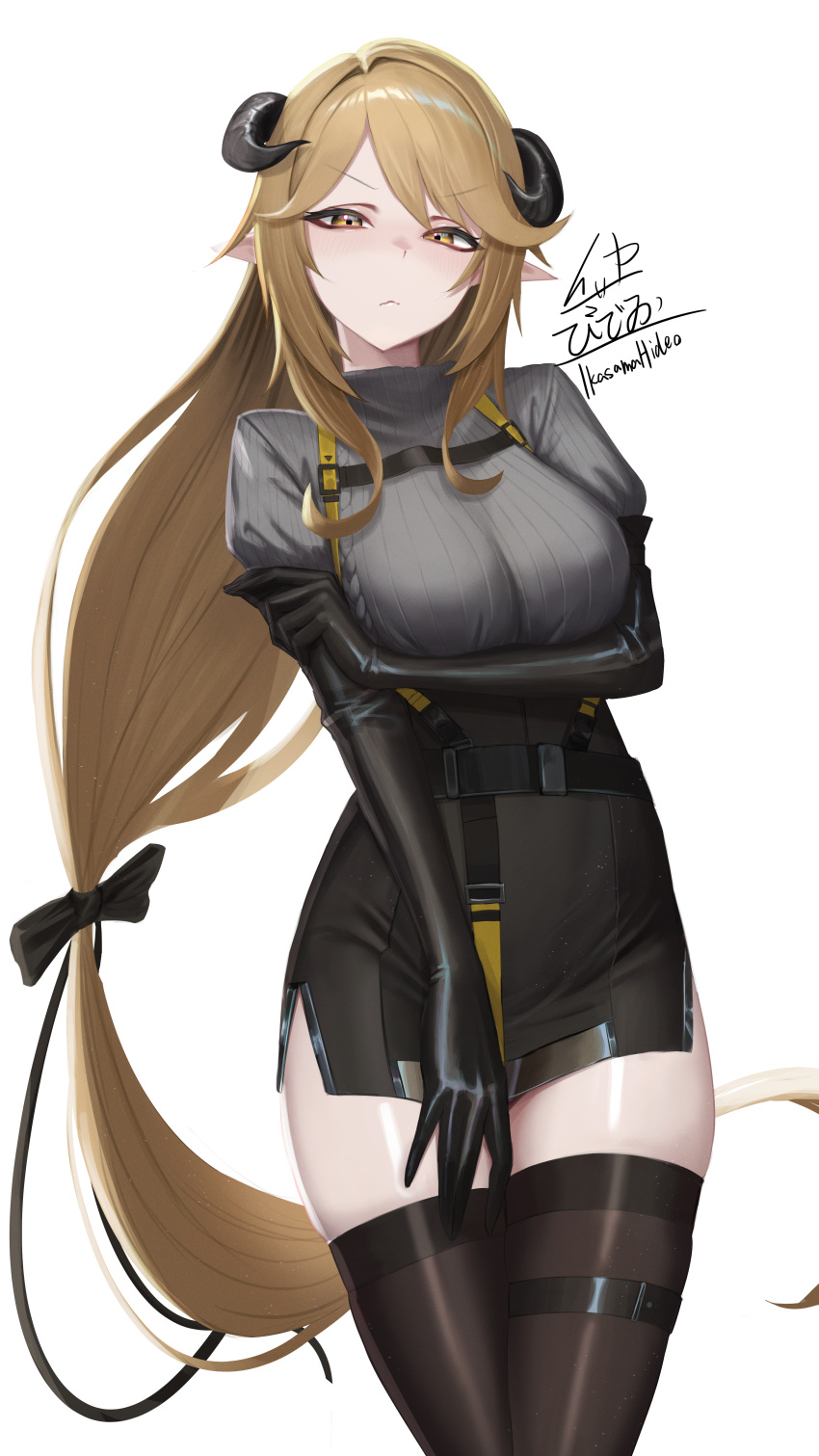 >:(, 1girl, absurdres, arknights, artist_name, belt, black_bow, black_gloves