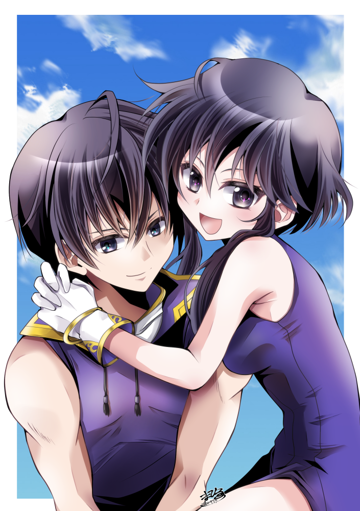 1boy, 1girl, black_hair, blue_sky, blush, brother_and_sister, clouds, fire_emblem
