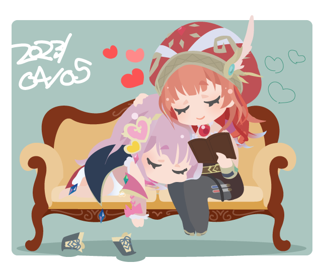 01_(zeroichi_srl), 2girls, ^_^, atelier_(series), atelier_lulua, black_pantyhose, blunt_bangs, book