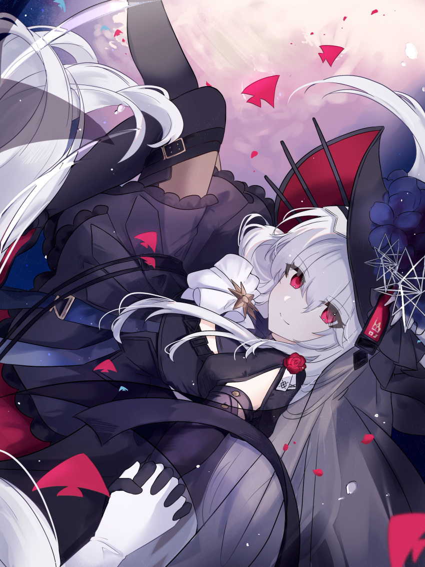 1girl, absurdres, arknights, black_dress, black_gloves, black_hat, black_thighhighs, closed_mouth