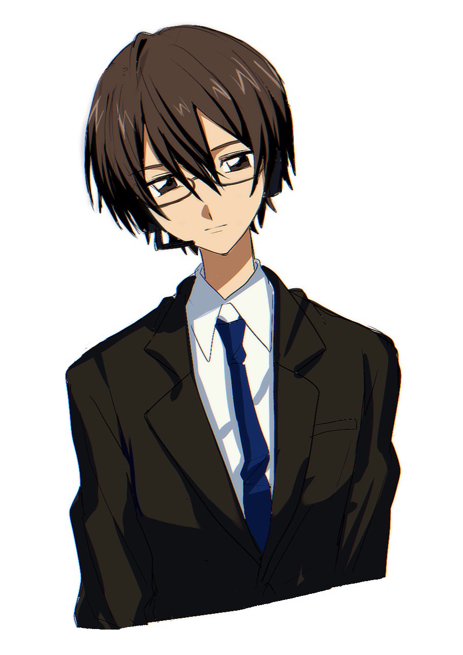 1boy, brown_eyes, brown_hair, collared_shirt, commentary_request, cropped_torso, glasses, head_tilt