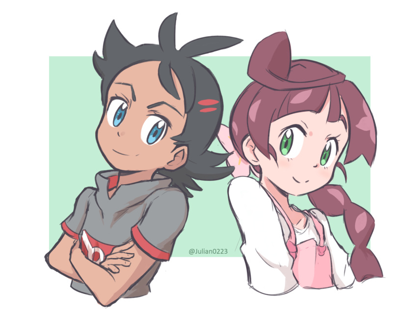 1boy, 1girl, black_hair, blue_eyes, chloe_(pokemon), closed_mouth, crossed_arms, dark-skinned_male