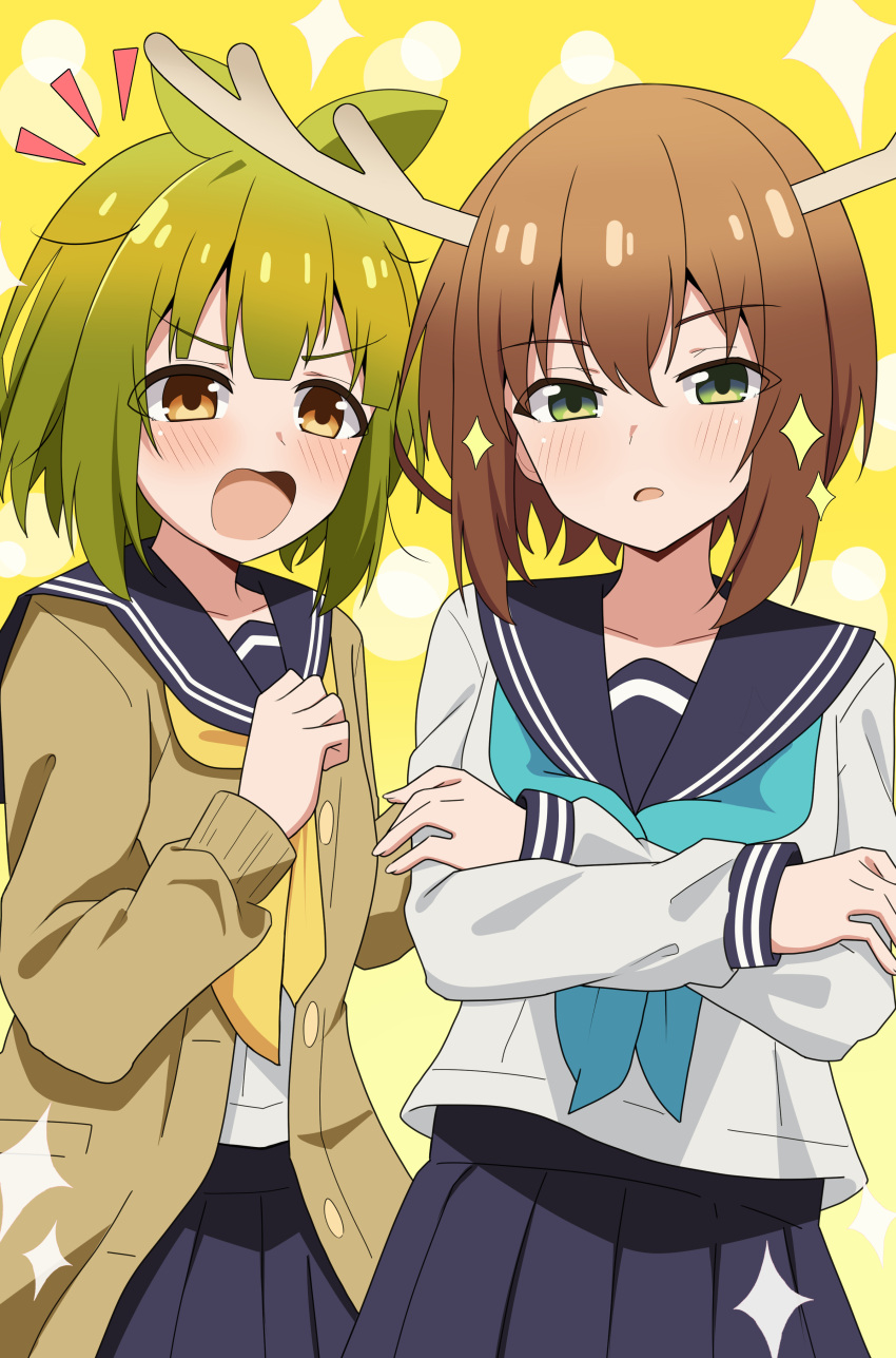 2girls, absurdres, bashame_meme, blue_sailor_collar, brown_eyes, brown_hair, brown_jacket, deer_girl