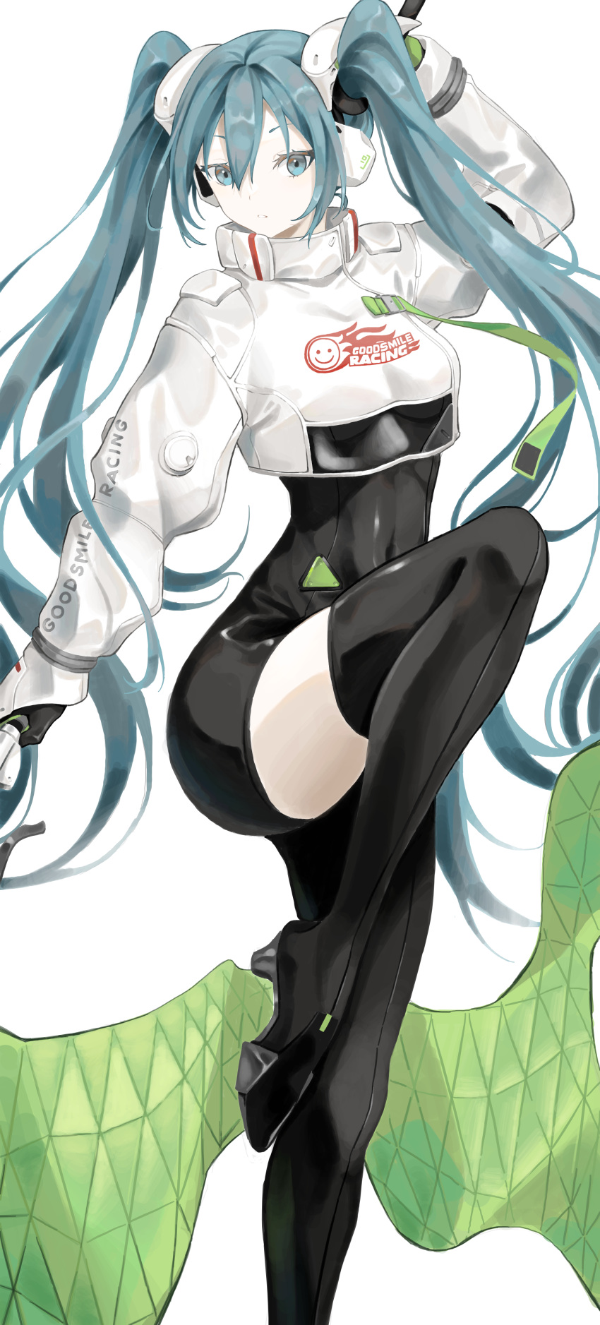 1girl, absurdres, aqua_eyes, aqua_hair, asymmetrical_bodysuit, black_bodysuit, bodysuit, cropped_jacket
