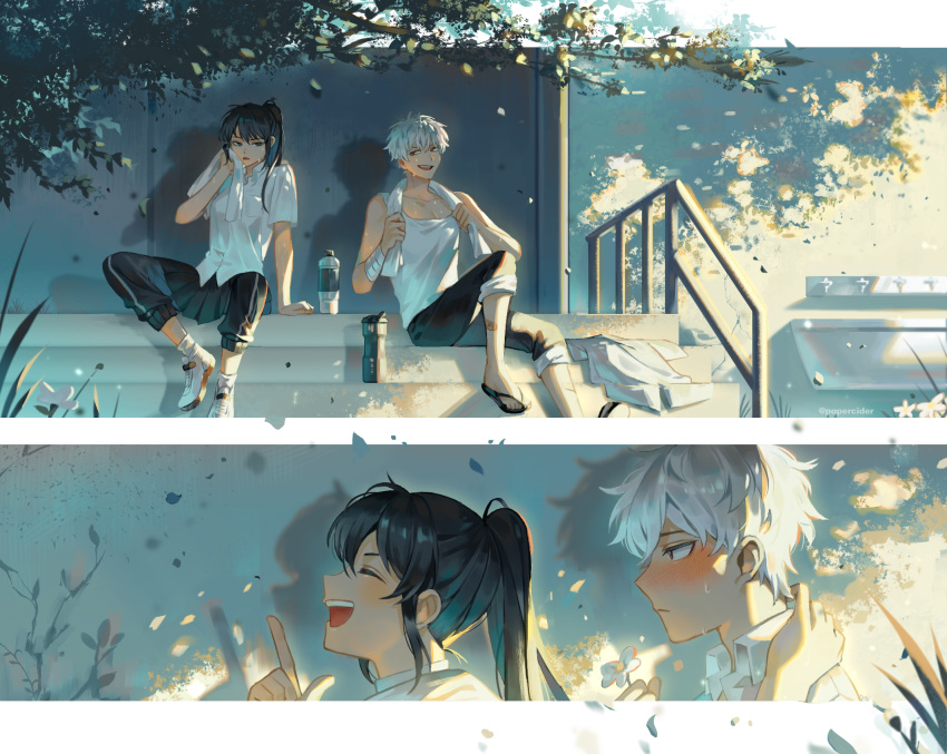 1boy, 1girl, black_hair, black_pants, blush, bottle, closed_eyes, commentary
