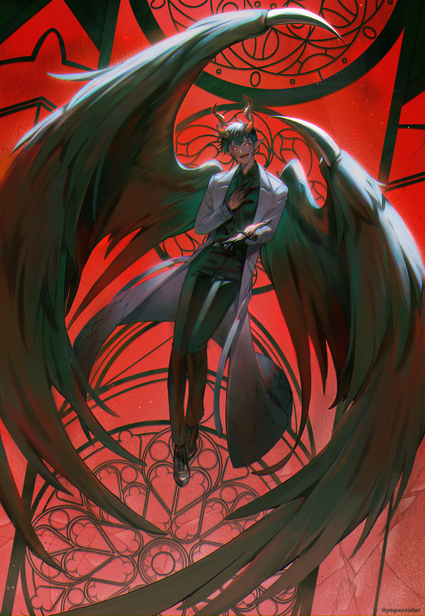 1boy, black_footwear, black_hair, black_pants, black_shirt, black_wings, clawed_wings, coat