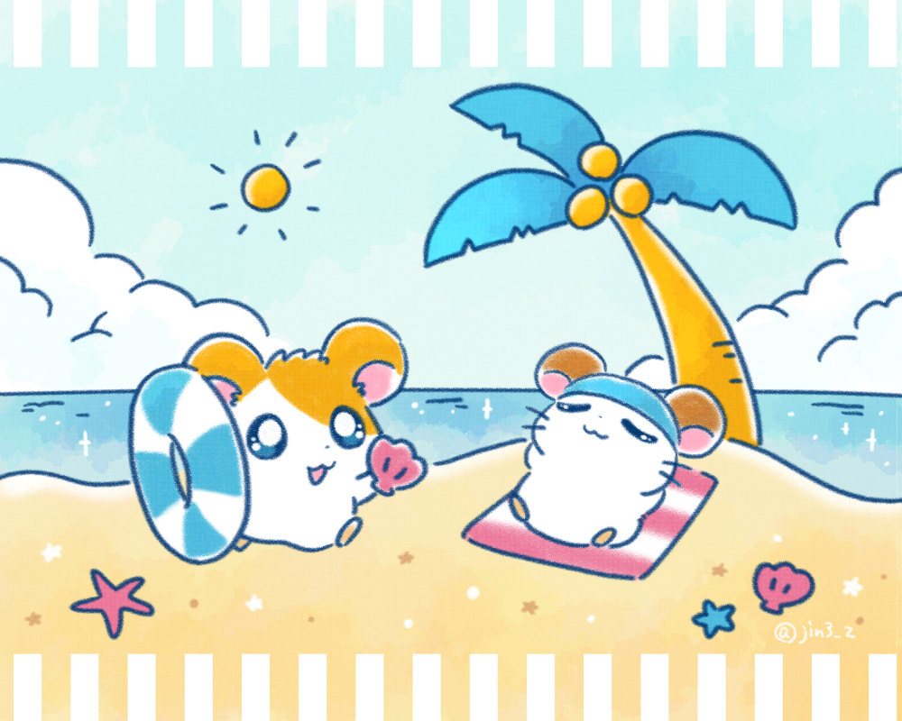 animal, animal_focus, beach, beach_towel, closed_eyes, clouds, coconut, coconut_tree, commentary_request, hamster, hamtaro, hamtaro_(series), holding, innertube, jin_(jin3jin3), kaburu_(hamtaro), no_humans, outdoors, palm_tree, seashell, shell, sky, sparkle, starfish, sun, swim_ring, towel, tree