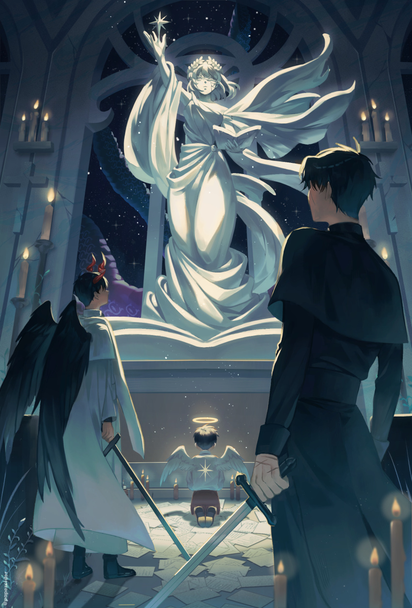 1girl, 3boys, absurdres, angel_wings, artist_name, black_coat, black_footwear, black_hair