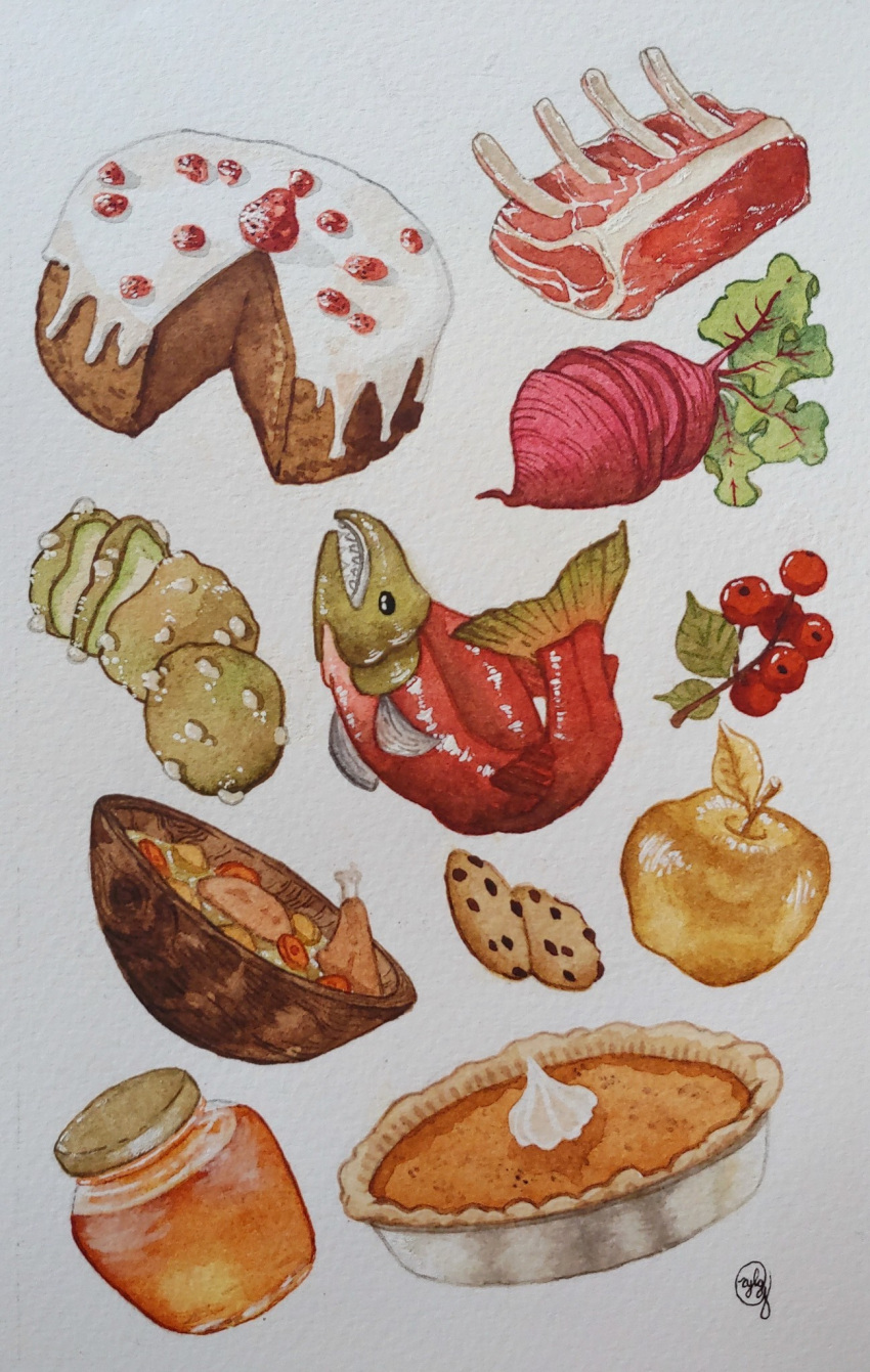 animal, apple, beetroot, berry, cake, cake_(minecraft), chocolate_chip_cookie, commentary