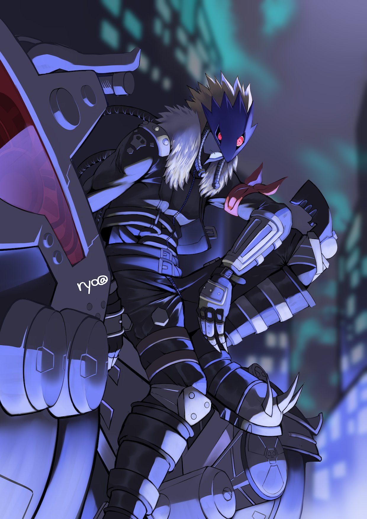 1boy, artist_name, bandana, bandana_around_arm, beelzebumon, black_jacket, blonde_hair, blurry, blurry_background, colored_skin, demon, digimon, digimon_(creature), eye_mask, fur-trimmed_jacket, fur_trim, grey_skin, highres, jacket, looking_at_viewer, male_focus, motor_vehicle, motorcycle, open_clothes, open_jacket, red_bandana, red_eyes, ryo@, short_hair, solo, spikes, third_eye