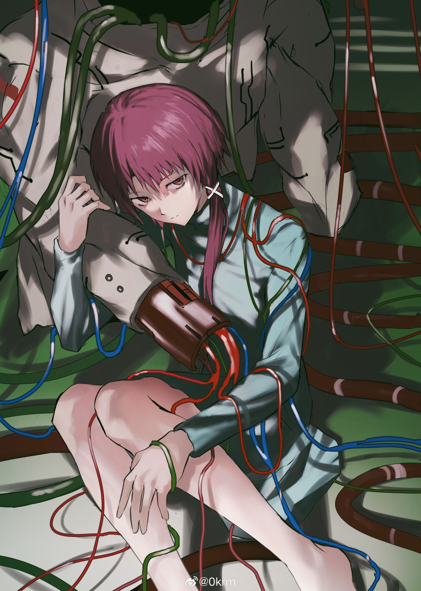 1girl, absurdres, cable, father_and_daughter, hair_ornament, hairclip, highres, iwakura_lain