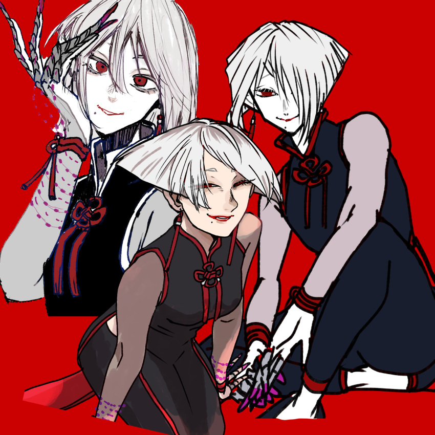 1girl, a.k.i._(street_fighter), china_dress, chinese_clothes, claw_(weapon), claw_ring, commentary, dress