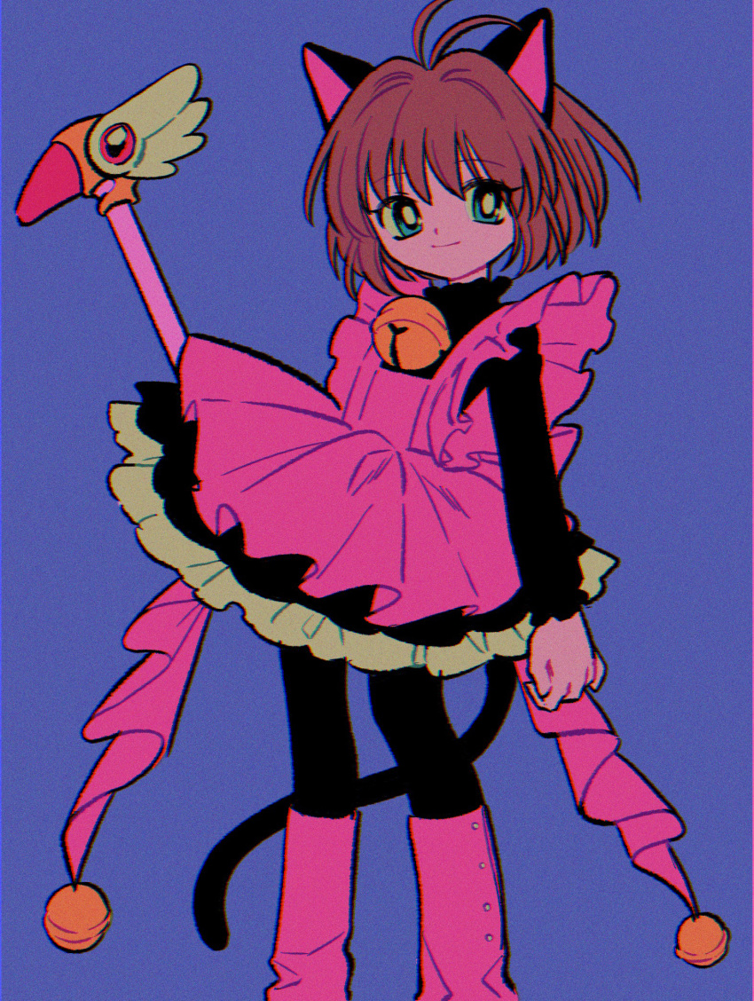 1girl, animal_ears, boots, brown_hair, cardcaptor_sakura, cat_ears, cat_tail, child, dress, highres, holding, holding_wand, kinomoto_sakura, kinomoto_sakura_(pink_kitty_costume), magical_girl, menma_(enaic31), pink_dress, pink_footwear, retro_artstyle, short_hair, smile, solo, standing, tail, wand