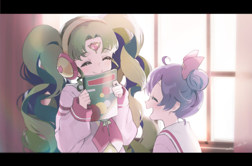 2girls, :d, ahoge, artist_name, blush, book, bow, cardigan