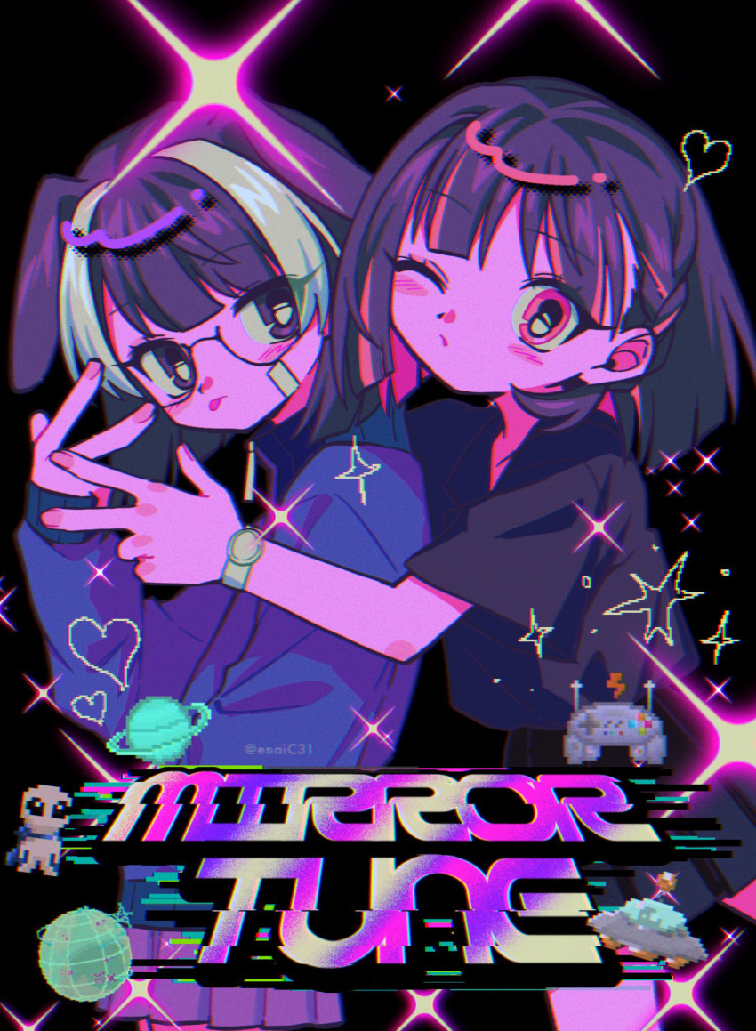 2girls, black_background, black_skirt, blue_jacket, colored_inner_hair, gesture, glasses, highres