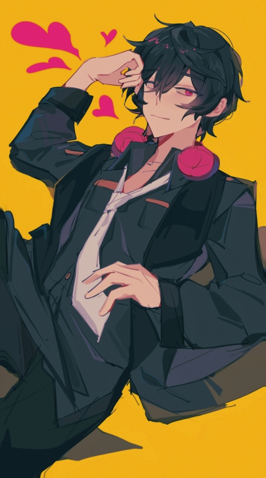 1boy, black_hair, black_jacket, black_pants, black_shirt, closed_mouth, collared_shirt, cowboy_shot