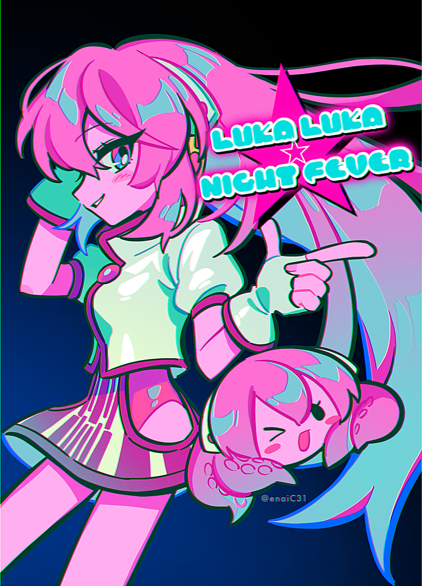 >_o, 1girl, blue_background, blue_eyes, blush_stickers, chibi, cyber_fashion, cybernation_(module), english_text, finger_gun, fingerless_gloves, from_side, gloves, gradient_background, grin, headphones, highres, long_hair, looking_back, luka_luka_night_fever_(vocaloid), megurine_luka, menma_(enaic31), octopus, one_eye_closed, open_mouth, pink_hair, pink_skirt, shirt, skirt, smile, takoluka, tentacle_hair, very_long_hair, vocaloid, white_gloves, white_shirt