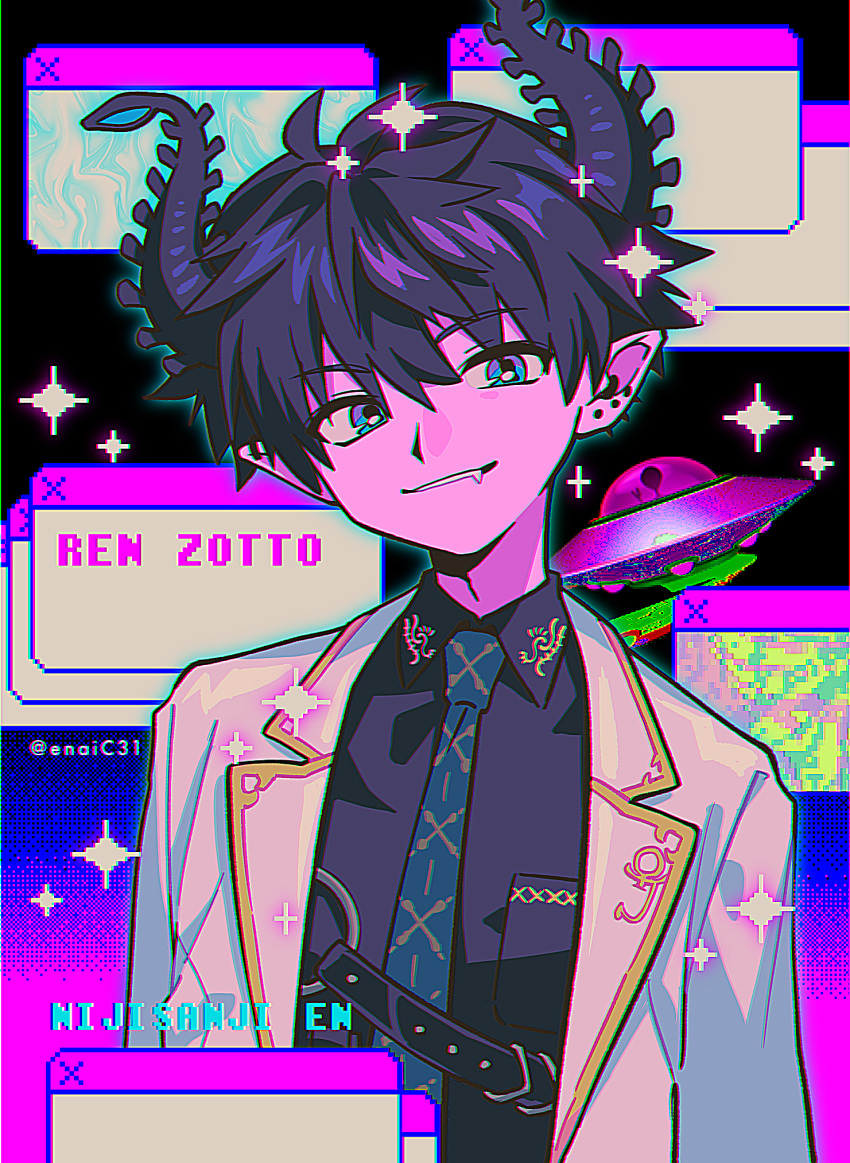 1boy, black_hair, black_horns, black_shirt, blue_eyes, blue_necktie, character_name, demon_horns