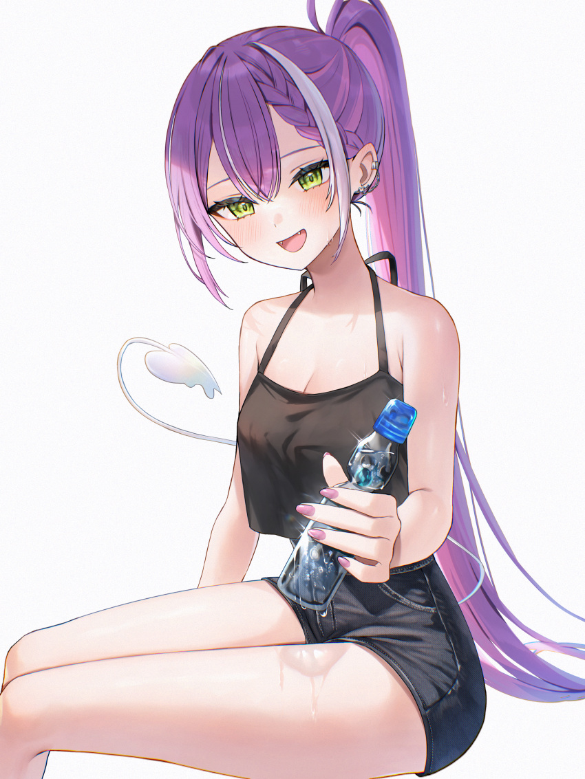 1girl, absurdres, alternate_costume, barbell_piercing, black_tank_top, blush, bottle, braid