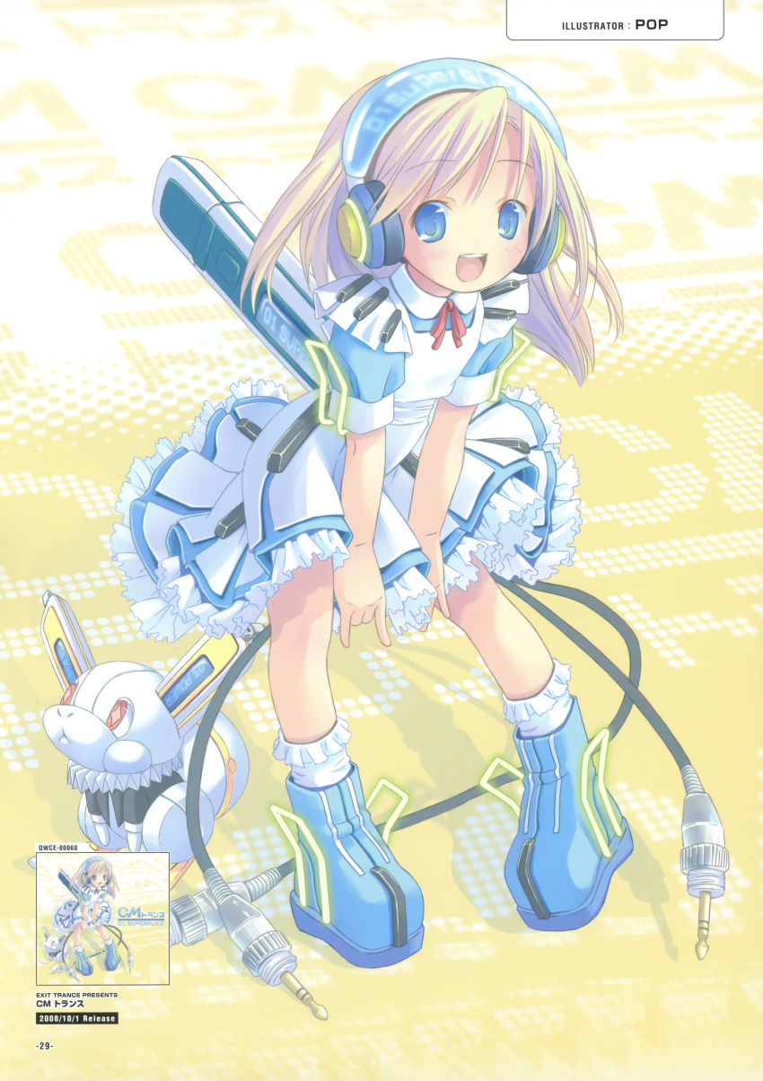 1girl, 2000s_(style), absurdres, blonde_hair, blue_eyes, boots, cable, child