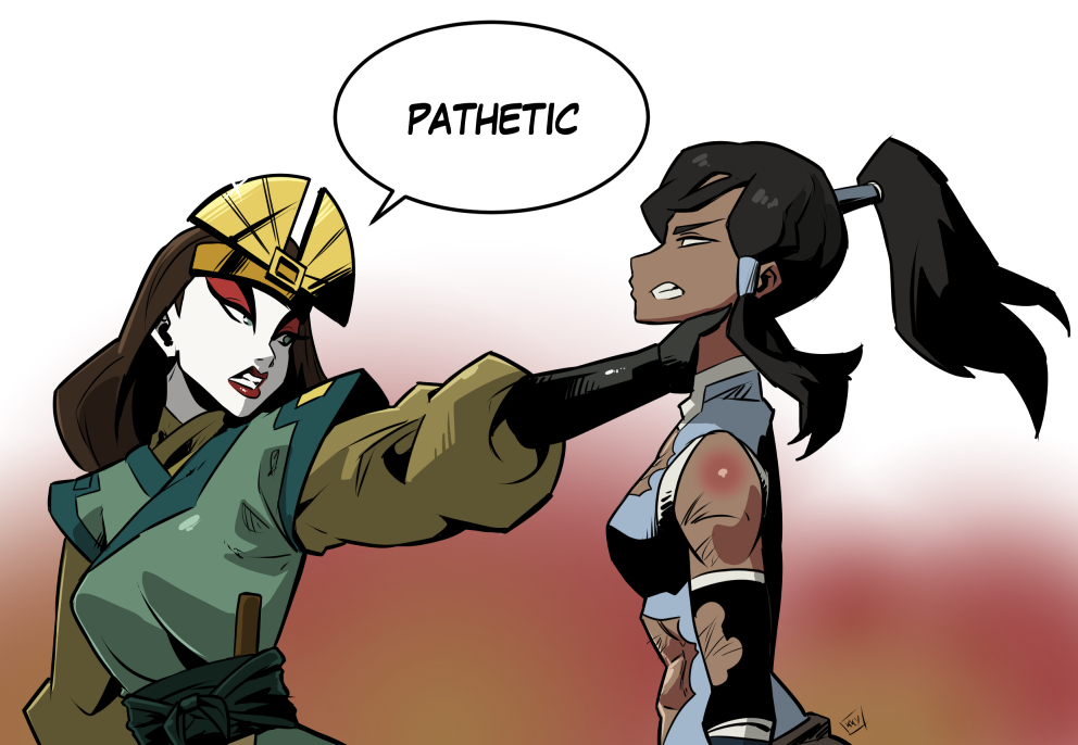 2girls, avatar:_the_last_airbender, avatar_legends, black_hair, breasts, brown_eyes, bruise, chinese_clothes
