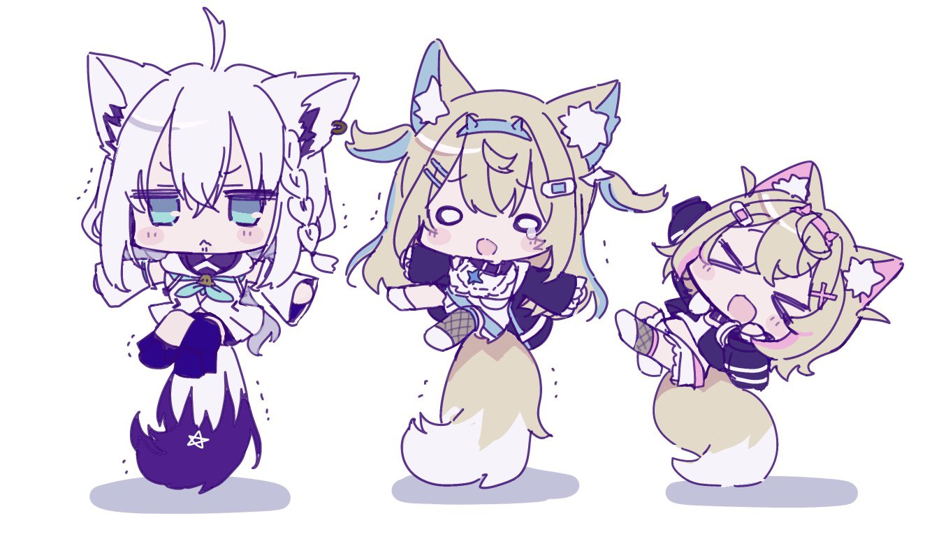 3girls, ahoge, animal_ear_fluff, animal_ears, black_coat, black_jacket, blonde_hair, blue_eyes