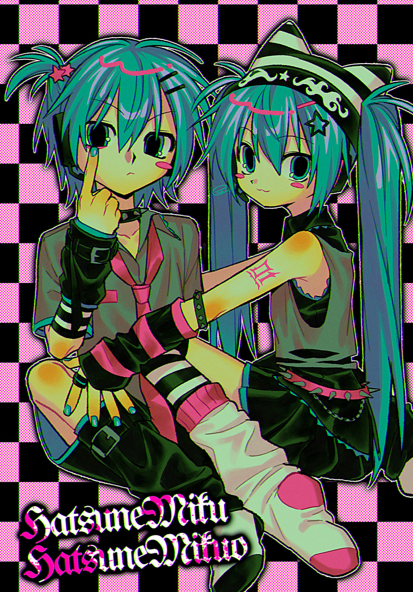 1boy, 1girl, 2000s_(style), :3, absurdres, adapted_costume, animal_hat, aqua_eyes