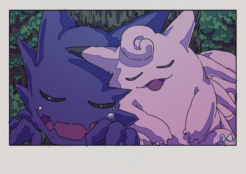 border, clefable, closed_eyes, disembodied_hand, fangs, ghost, haunter, highres, leaning_on_person, no_humans, onamuzi_illust, open_mouth, outdoors, pokemon, pokemon_(creature), pokemon_focus, skin_fangs, sleeping, tongue, tree, white_border