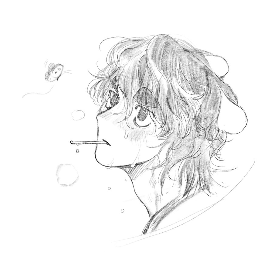 1boy, animal_ears, arthurlogansdps, bear_ears, bug, butterfly, cigarette, commentary_request