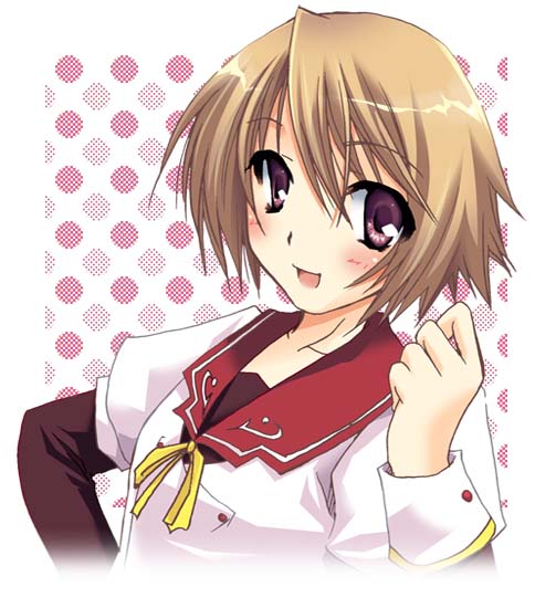1girl, :d, bad_source, blush, breasts, brown_hair, clenched_hand, double_teacher_life