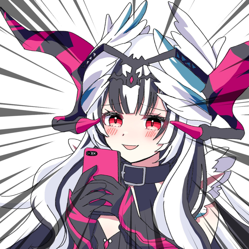 :d, black_choker, black_hair, blunt_bangs, blush, cellphone, choker, commentary_request, fake_horns, fire_emblem, fire_emblem_engage, fire_emblem_heroes, highres, holding, holding_phone, horns, multicolored_hair, open_mouth, phone, red_eyes, shiro0239, smartphone, smile, two-tone_hair, upper_body, veyle_(fell_successor)_(fire_emblem), veyle_(fire_emblem), white_hair, wing_hair_ornament