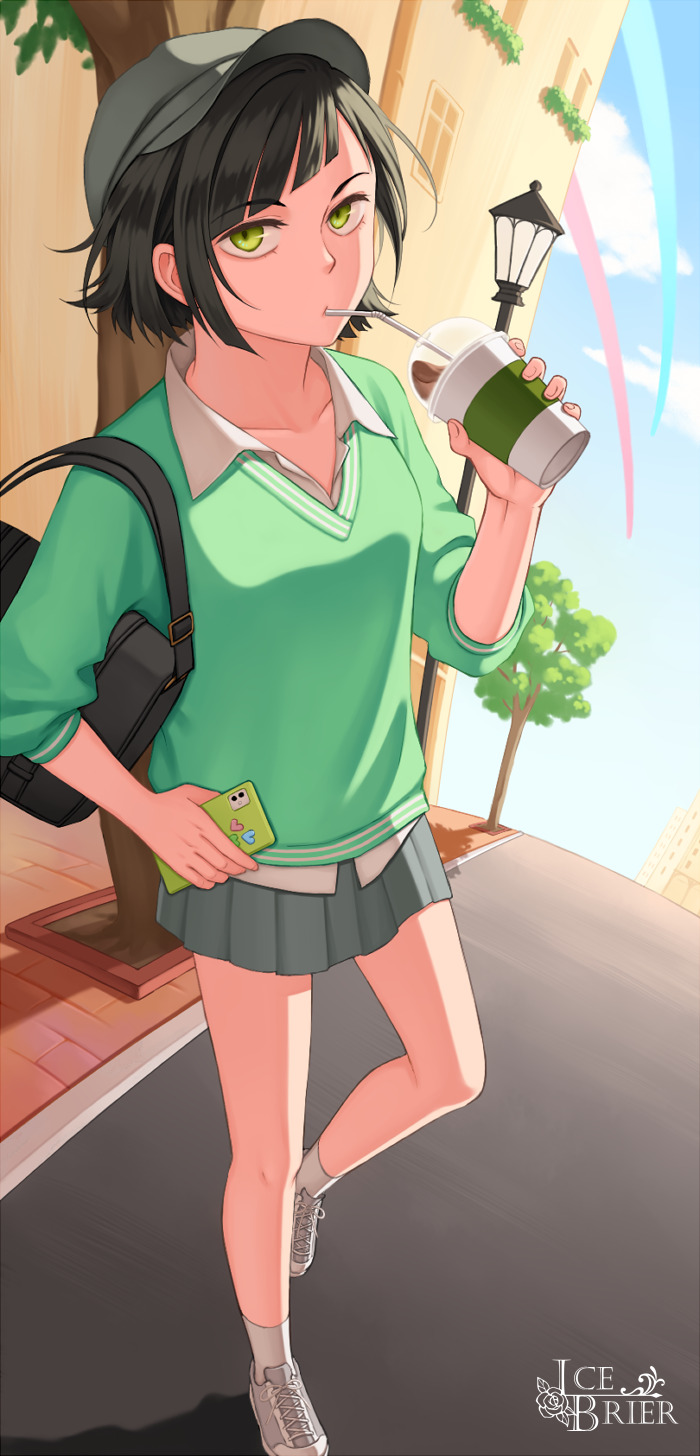 1girl, 2others, animification, artist_name, bag, black_hair, buttercup_(ppg), cellphone, coffee, collared_shirt, contrapposto, cup, drinking_straw, english_commentary, fingernails, green_eyes, green_shirt, grey_skirt, highres, holding, holding_cup, holding_phone, icebrier, legs, looking_at_viewer, multiple_others, phone, powerpuff_girls, shirt, short_hair, skirt, smartphone, socks, solo_focus, tree, undershirt