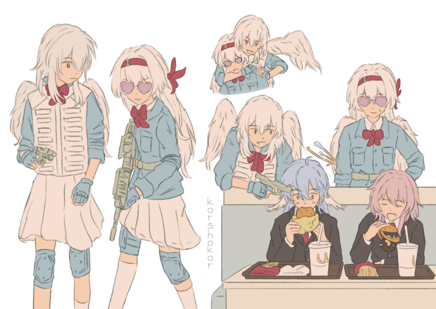 4girls, aiming, alternate_universe, angel_wings, arm_around_neck, black_jacket, blue_gloves, blue_hair, blue_knee_pads, blue_shirt, booth_seating, bulletproof_vest, burger, character_request, crossover, cupid, eating, feathered_wings, fingerless_gloves, firefly_(honkai:_star_rail), food, gloves, gun, headband, heart, heart-shaped_eyewear, highres, holding, holding_burger, holding_food, holding_gun, holding_weapon, honkai:_star_rail, honkai_(series), jacket, knee_pads, korshokor, long_hair, long_sleeves, love-bullet, mcdonald's, medium_hair, multiple_girls, necktie, pink_hair, red_headband, red_necktie, rifle, robin_(female)_(fire_emblem), robin_(fire_emblem), robin_(honkai:_star_rail), shirt, simple_background, socks, stelle_(honkai:_star_rail), sweatdrop, trailblazer_(honkai:_star_rail), watermark, weapon, white_background, white_hair, white_socks, wings, yuri
