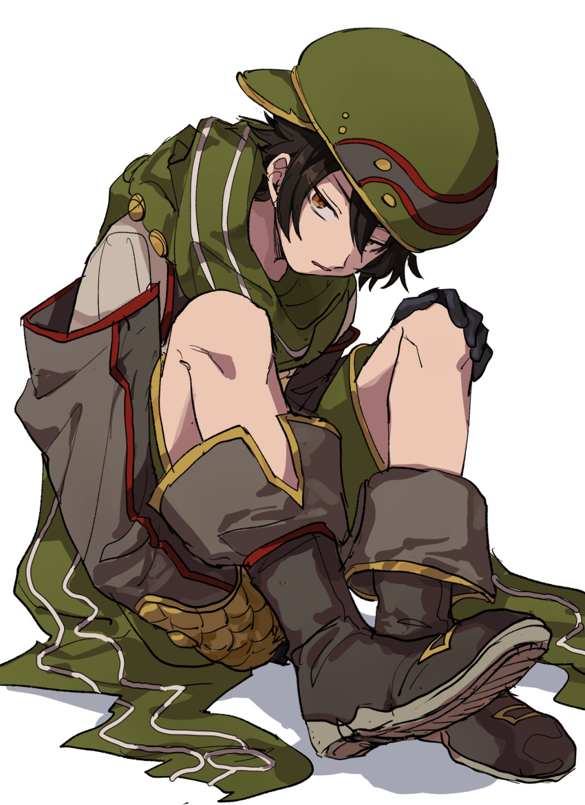 1boy, amon_(megido72), aoi_(yooo009), bishounen, black_gloves, black_hair, dorsiflexion, fold-over_boots