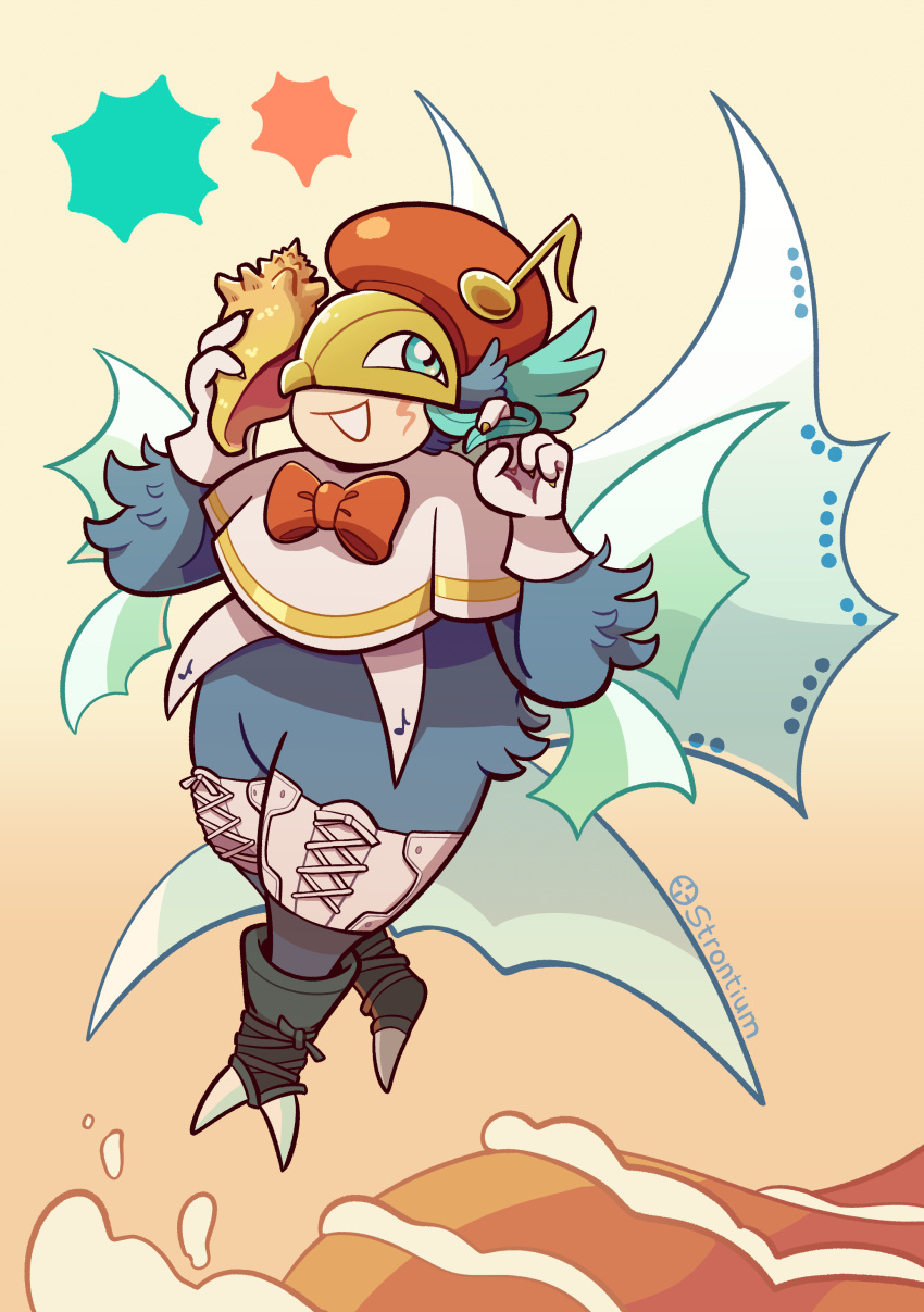 1girl, absurdres, aqua_hair, beret, bird_girl, bird_legs, bird_mask, blue_eyes, blue_feathers, blue_hair, bow, bowtie, capelet, digimon, digimon_(creature), digimon_day, facial_mark, feathers, fins, full_body, gloves, hands_up, hat, highres, holding_seashell, looking_to_the_side, looking_up, mask, musical_note, musical_note_ornament, open_mouth, red_bow, red_bowtie, red_hat, seashell, shell, sirenmon, smile, solo, strontiumsun, traditional_bowtie, twirling_hair, white_capelet, white_gloves, wing_ears, wings