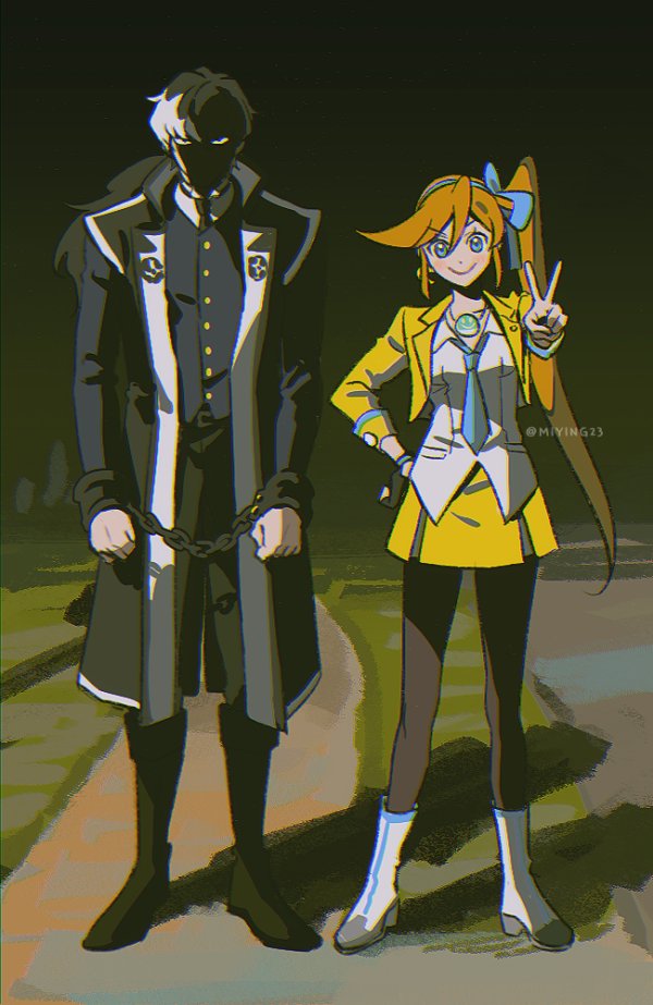 1boy, 1girl, ace_attorney, arm_cuffs, athena_cykes, black_footwear, black_gloves, black_hair, black_jacket, black_necktie, black_pants, black_vest, blue_necktie, blue_ribbon, chain, closed_mouth, crescent, crescent_earrings, derivative_work, earrings, full_body, glaring, gloves, hair_between_eyes, hair_ribbon, jacket, jewelry, long_hair, long_sleeves, looking_at_viewer, meme, miying_(ho_ru03_15), multicolored_hair, necktie, open_clothes, open_jacket, open_vest, orange_hair, pants, pantyhose, partially_fingerless_gloves, ribbon, shirt, side_ponytail, simon_blackquill, single_earring, single_glove, skirt, smile, twitter_username, two-tone_hair, vest, white_footwear, white_hair, white_shirt, why_dis_ninja_look_so_mad_(meme), yellow_jacket, yellow_skirt