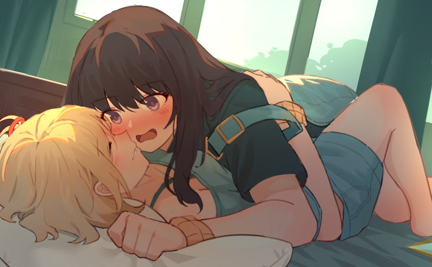 2girls, black_hair, blonde_hair, blue_shirt, blue_shorts, blush, commentary_request, hair_ribbon, highres, hug, inoue_takina, long_hair, lycoris_recoil, matching_accessory, milktea_(gggrrr2000), multiple_girls, nishikigi_chisato, on_bed, one_side_up, open_mouth, red_ribbon, ribbon, shirt, short_sleeves, shorts, sidelocks, strap_slip, violet_eyes, yuri
