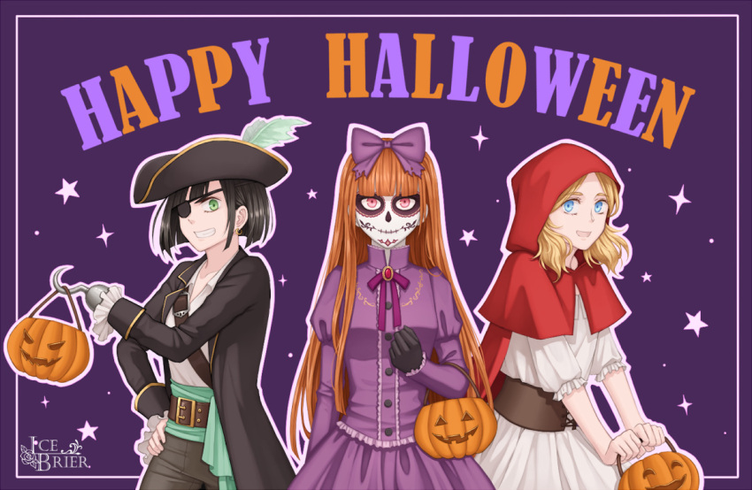 3girls, animification, artist_name, black_hair, blonde_hair, blossom_(ppg), blue_eyes, bubbles_(ppg), buttercup_(ppg), child, cosplay, english_commentary, eyepatch, green_eyes, halloween_bucket, hand_on_own_hip, happy_halloween, hat, hook_hand, icebrier, leather_belt, little_red_riding_hood_(grimm), little_red_riding_hood_(grimm)_(cosplay), long_hair, long_sleeves, looking_at_viewer, multiple_girls, open_mouth, orange_hair, pirate, pirate_costume, pirate_hat, powerpuff_girls, short_hair, smile, teeth