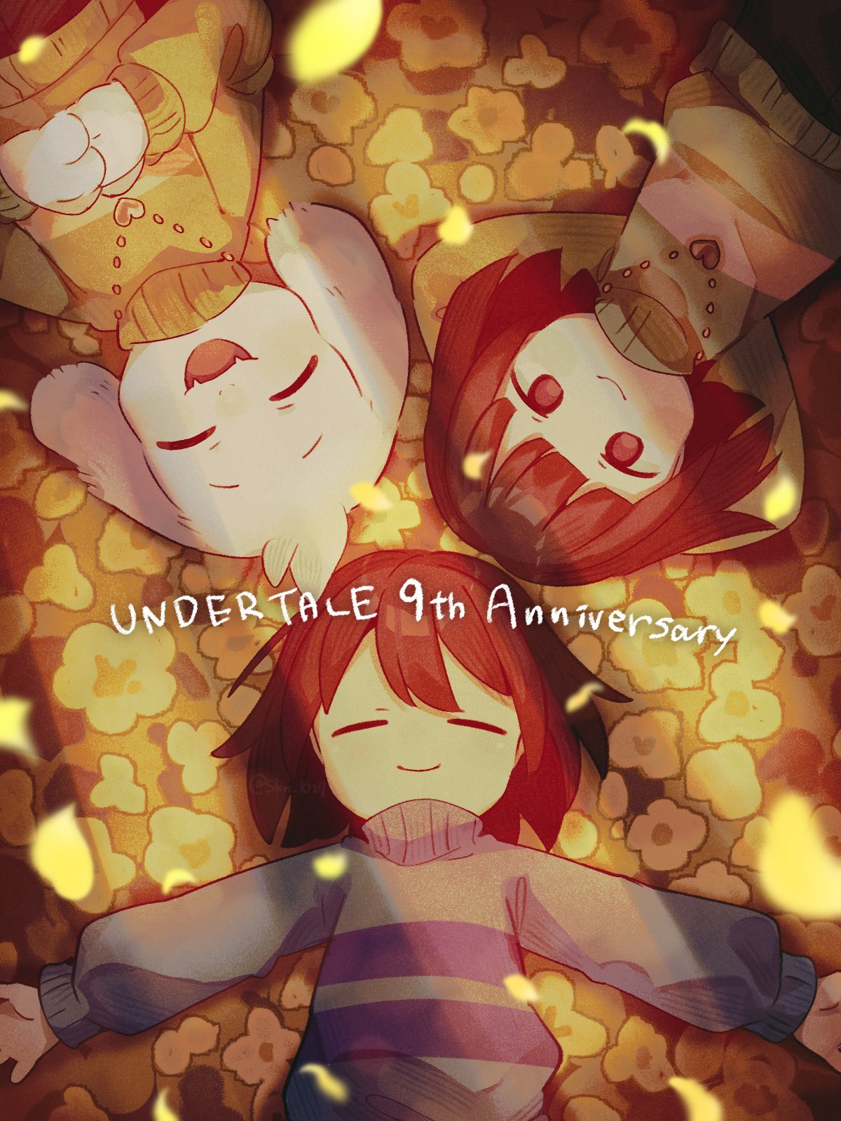 1boy, 2others, ^_^, animal_ears, anniversary, arms_behind_head, asriel_dreemurr, brown_eyes