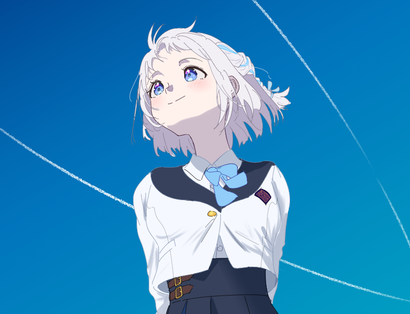 1girl, arms_behind_back, blue_eyes, blue_ribbon, blue_sky, blush, commentary_request, contrail