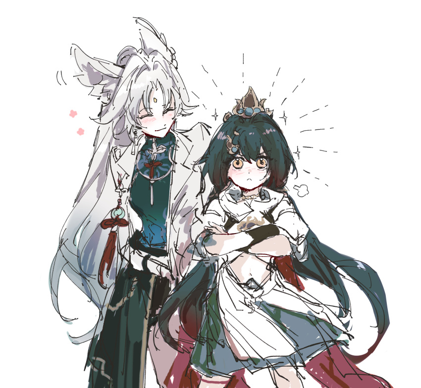 2girls, age_difference, animal_ear_fluff, animal_ears, bare_shoulders, belt, black_shorts, bra