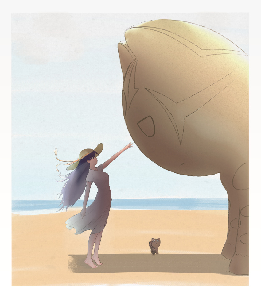 absurdres, azumanga_daioh, beach, black_eyes, black_hair, cat, dress, hat