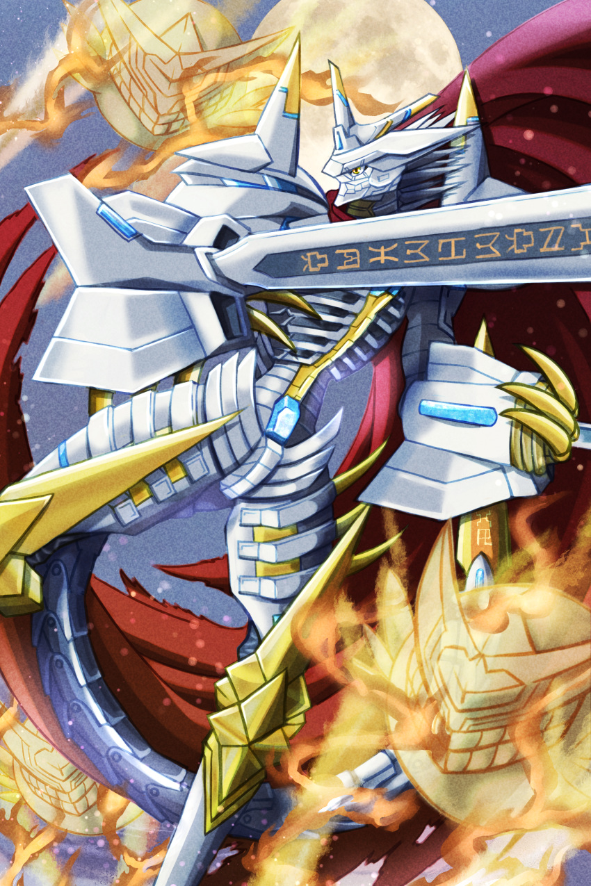 absurdres, arm_blade, cape, colored_skin, digimoji, digimon, digimon_(creature), full_moon