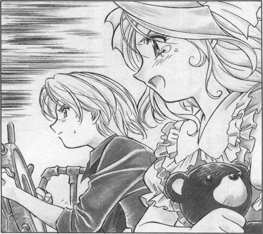 1990s_(style), 2girls, alternate_costume, archived_source, black_eyes, boat, bow, child, closed_mouth, collar, collared_dress, collared_shirt, dress, fingernails, frilled_collar, frilled_sleeves, frills, from_side, hair_bow, highres, holding, holding_stuffed_toy, iris_chateaubriand, jean-paul, light_blush, long_hair, looking_ahead, monochrome, multiple_girls, official_art, open_mouth, parted_bangs, profile, puffy_sleeves, reni_milchstrasse, retro_artstyle, sakura_taisen, sakura_taisen_ii, scan, sega, serious, shirt, short_sleeves, simple_background, sleeves_past_elbows, solid_circle_eyes, stuffed_toy, suganuma_eiji, sweatdrop, tears, third-party_source, tongue, traditional_media, upper_body, watercraft, wavy_hair, wing_collar