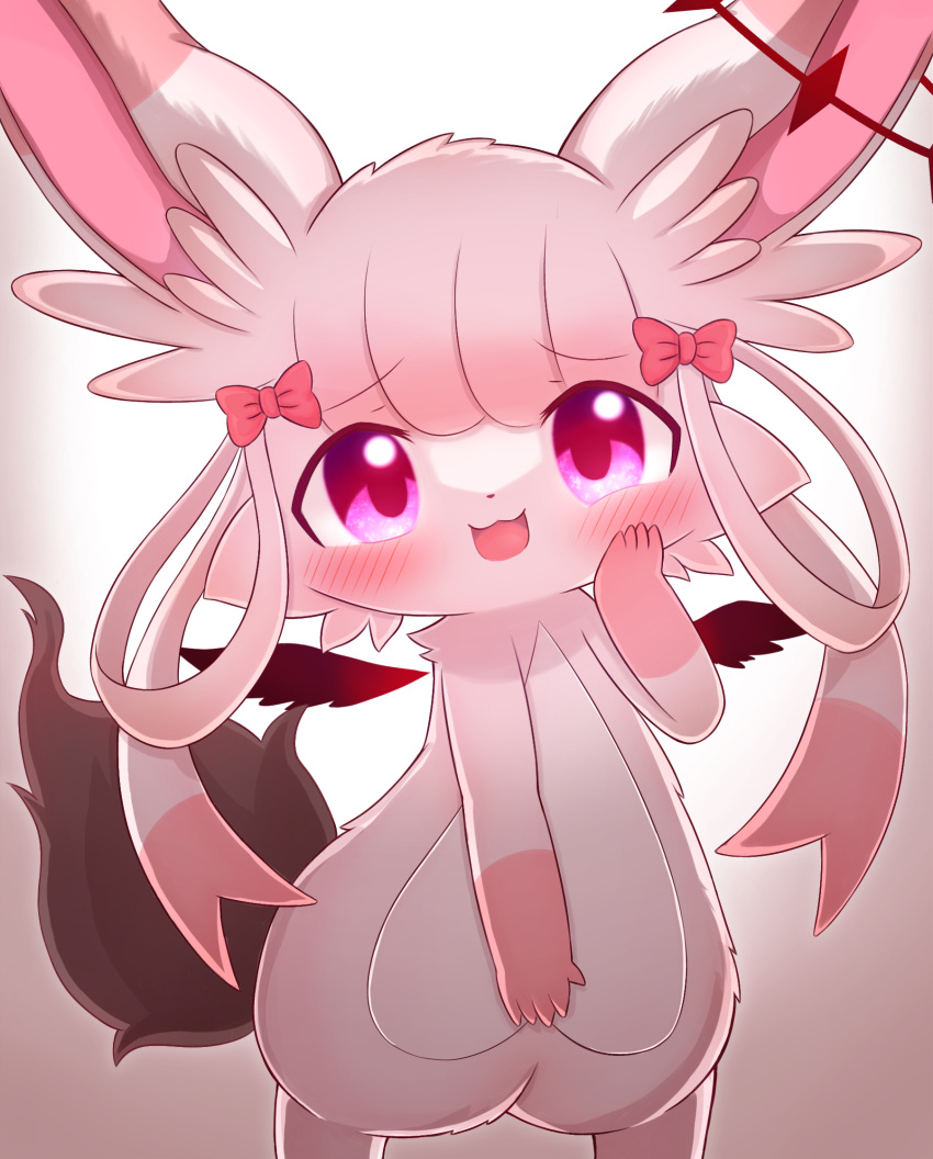 1girl, animal_ears, blush, bow, chibi, commentary_request, furry, furry_female, hair_bow, hand_on_own_face, highres, looking_at_viewer, open_mouth, original, pink_eyes, pink_fur, pink_hair, ribbon, rope_(pixiv_86609436), smile, solo, standing, tail, wings