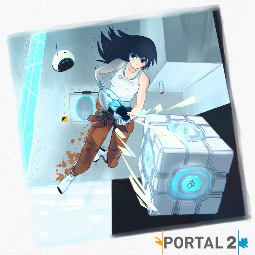 1girl, absurdres, aperture_laboratories, aperture_science_handheld_portal_device, aperture_science_weighted_storage_cube, azumanga_daioh, black_eyes, black_hair