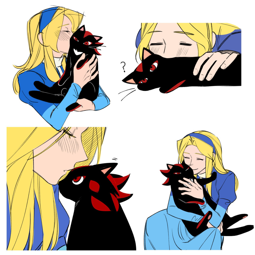1girl, ?, animal, animalization, blonde_hair, blue_dress, blue_hairband, blush, cat, chinese_commentary, closed_eyes, closed_mouth, commentary_request, dress, hairband, highres, holding, holding_animal, holding_cat, kiss, kissing_animal, kissing_cheek, long_hair, maria_robotnik, multiple_views, shadow_the_hedgehog, simple_background, sitting, smile, sonic_(series), white_background, yicuojinan