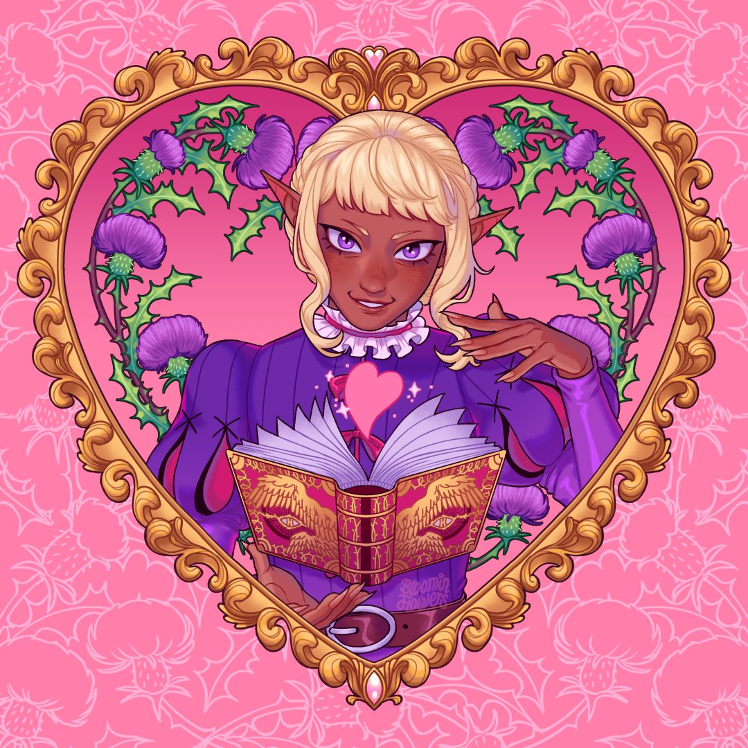 1boy, artist_name, belt, blonde_hair, bloominflowers, book, brown_belt, dark-skinned_female