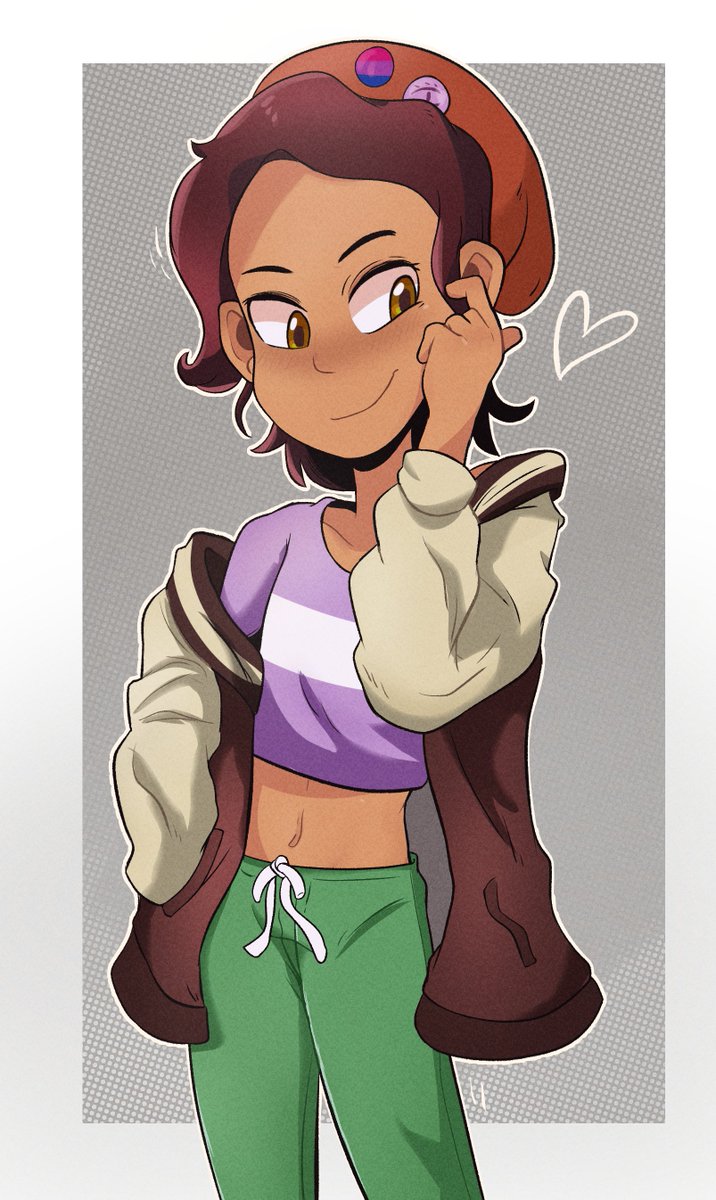 1girl, badge, bisexual_flag, border, brown_hair, brown_jacket, button_badge, closed_mouth