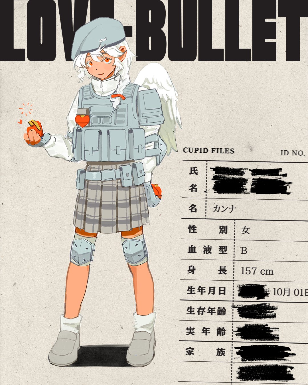 1girl, angel_wings, beret, blue_shirt, bulletproof_vest, explosive, feathered_wings, grenade